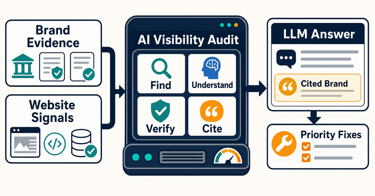 Three contributors to an AI visibility audit: Answer Presence, Share of Voice, and Website Readiness.
